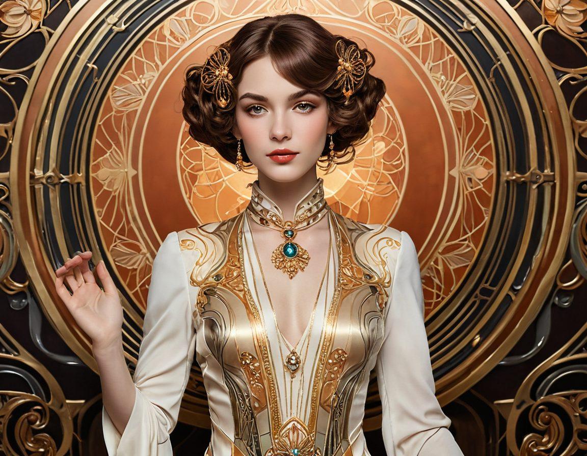 A sophisticated, enigmatic woman with a captivating gaze, dressed elegantly, surrounded by abstract elements symbolizing magnetic energy and attraction, while subtly interacting with conventionally straight men who appear intrigued and mesmerized. Art Nouveau style. Soft, warm colors.