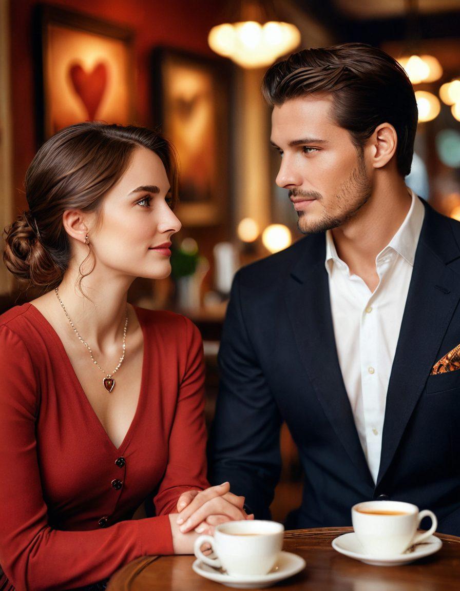 A captivating scene of a stylish woman confidently engaging in conversation with a handsome man at a cozy, dimly-lit café. Soft focus on their expressions of intrigue and connection, with subtle heart motifs in the background. romantic lighting. painting style. warm and inviting colors.