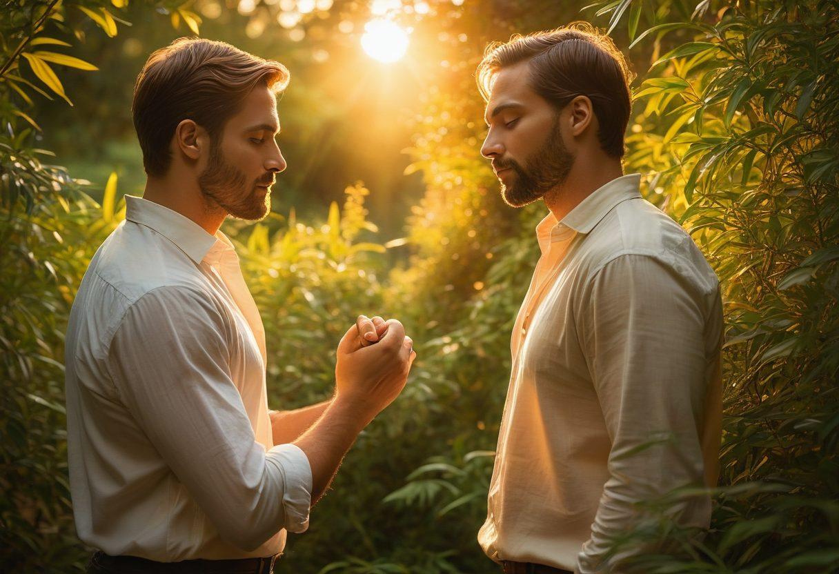 A captivating scene of two men in a serene, sunlit natural setting, sharing an intimate moment of connection through gentle touches and meaningful gazes, with an ethereal aura that conveys deep emotions and homoerotic allure. The background depicts lush greenery and a golden sunset, emphasizing the beauty of male intimacy. Impressionistic style with warm, vibrant colors.